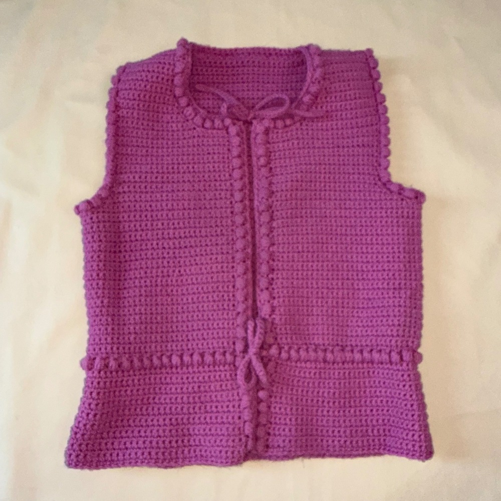 Handmade Purple Crochet Vest Boho Tie Front Bobble Trim Peplum Sleeveless S/M